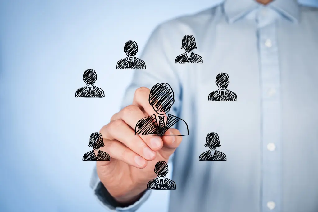 Human resources and social networking concept - officer draw new employee.